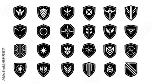 Shields set with various symbols and emblems in black and white colors, featuring unique designs and patterns.