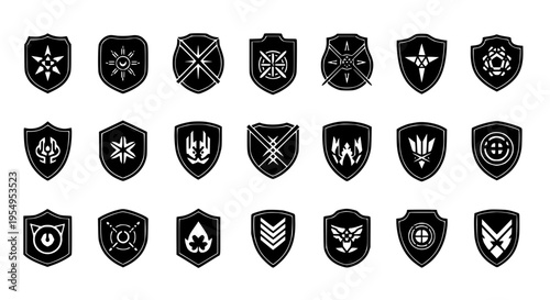 Shields heraldic emblem set with black and white designs, various symbols and crests. featuring crest, coat of arms, symbol with icon and logo