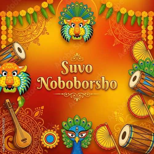 Vibrant bengali new year celebration background with colorful masks drums and traditional decorations