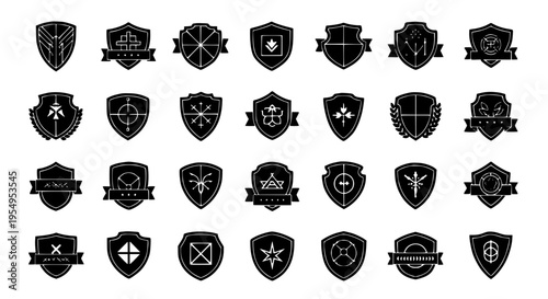 Shield icon set with various black and white emblems and symbols, featuring geometric shapes and designs.
