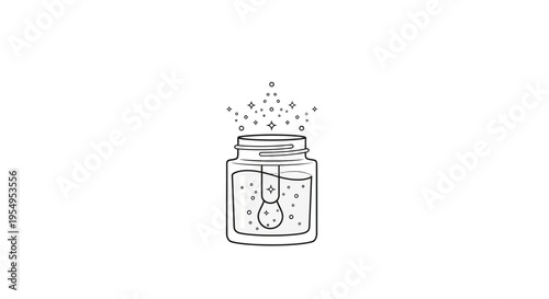 Outline drawing of a jar with sparkling liquid, isolated white background