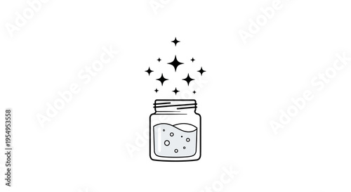 Jar of shimmering liquid with sparkling effects, isolated white background