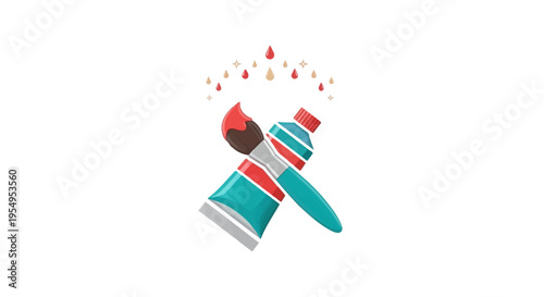 Artistic paint tube and brush with red splattering paint, isolated white background