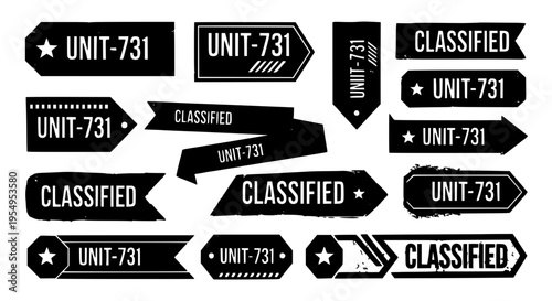 Labels military style with UNIT-731 and CLASSIFIED text in black and white featuring stencil font, grunge texture, security clearance with