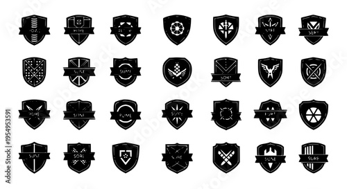 Badges heraldic set with black and white shield icons and ribbons, featuring various symbols and crests.