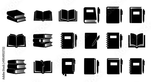 Books icon set with black silhouettes and various open and closed designs featuring book, icons, collection with silhouette and illustration elements