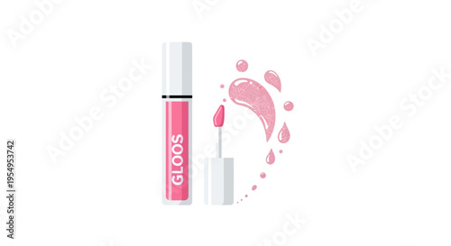 Pink Lip Gloss Tube with Applicator and Heart-Shaped Liquid Splash on Isolated White Background