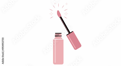 Pink Cosmetic Tube with Wand Applicator and Radiating Sparkles, Lip Gloss Beauty Product Isolated White Background.
