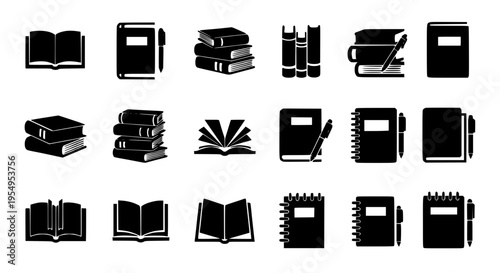 Books icon set with black silhouettes and various notebook styles featuring book, collection, notepad with journal and diary elements for pen, pencil