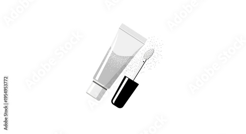 Solid Gray Cosmetic Tube with Black Cap and Brush Applicator with Product Powder, Foundation or Concealer Isolated White Background.