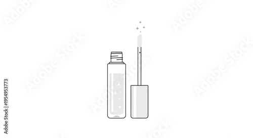 Outline Clear Cosmetic Tube with White Cap and Wand Applicator with Sparkles, Lip Gloss or Mascara Product Isolated White Background.
