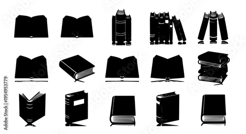 Books icon set with black silhouettes and various orientations, including open and closed volumes, textbooks, and stacked publications with white