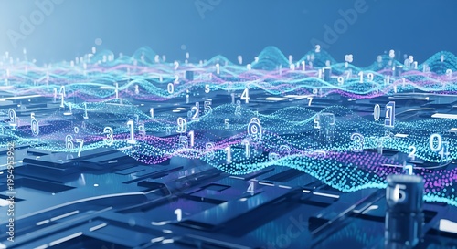 Abstract digital data visualization with flowing waves of numbers and particles representing information