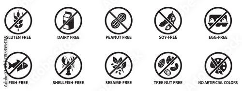 Food allergen icons set. Gluten, dairy, egg, soy, fish, nut, sesame, nut and shellfish free symbols. Vector Illustration.