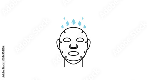 Outline drawing of a face with a hydrating sheet mask and falling water drops, isolated white background.