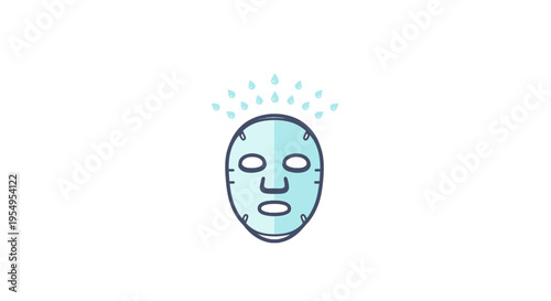 Blue refreshing facial sheet mask with falling water drops, isolated white background.