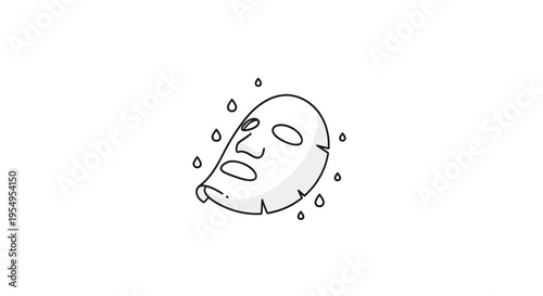 Outline drawing of a facial sheet mask with floating liquid drops, isolated white background.