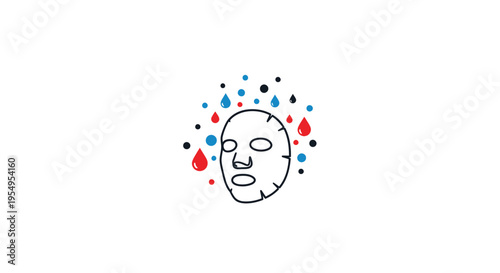 Outline drawing of a face with a sheet mask surrounded by colorful dots representing diverse skin care, isolated white background.