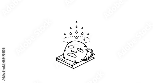 Outline drawing of a face with a sheet mask resting on a pillow and gentle drops, isolated white background.