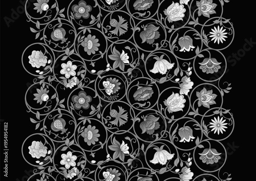 Ornate floral seamless pattern. Elegant hand-drawn botanical motif with intricate repeating layout for textile, wallpaper and decor, classic flowers and foliage create a refined vintage background.