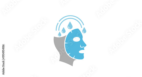 Side profile of a face with a blue hydrating sheet mask and water drops falling, isolated white background.