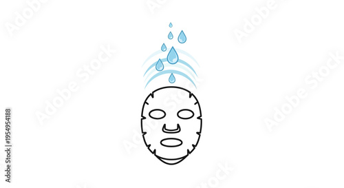 Outline drawing of a face with a hydrating sheet mask and falling water drops, isolated white background.