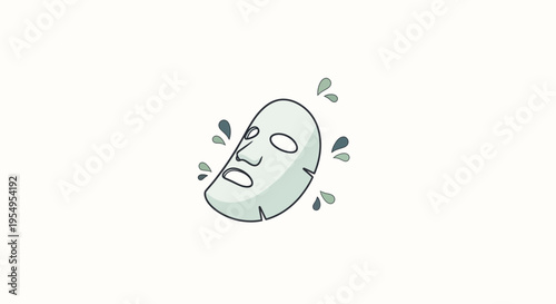 Green hydrating facial sheet mask with refreshing water drops, isolated white background.