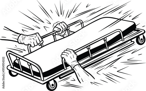 Medical Gurney Emergency Illustration with Paramedic Hands Pushing Stretcher Speed Lines Hospital ER Rescue Concept Vector Line Art Design Elements