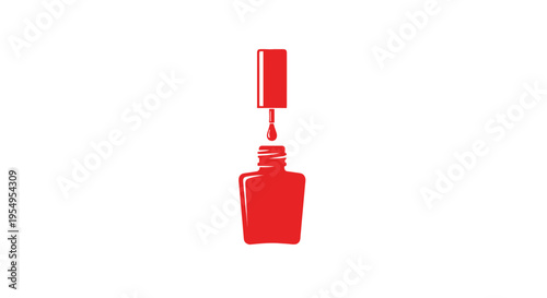 Tall Red Nail Polish Bottle with Floating Brush Above, Isolated White Background