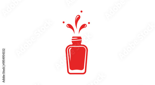 Closed Red Nail Polish Bottle with Cap and Wide Splashing Liquid from Top, Dynamic Manicure on Isolated White Background