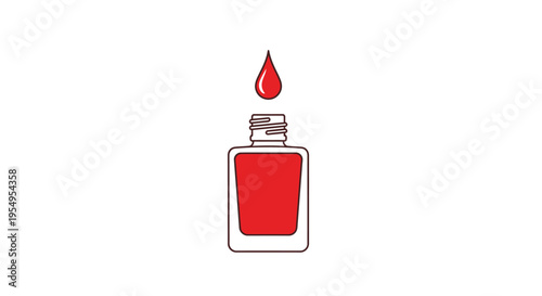 Red Outline Nail Polish Bottle with Single Drop Dripping In, Beauty Product Icon on Isolated White Background