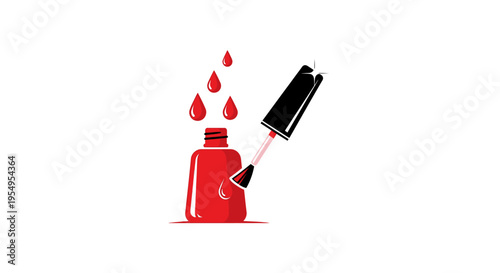 Open Red Nail Polish Bottle with Black Brush and Multiple Dripping Drops, Manicure Concept on Isolated White Background