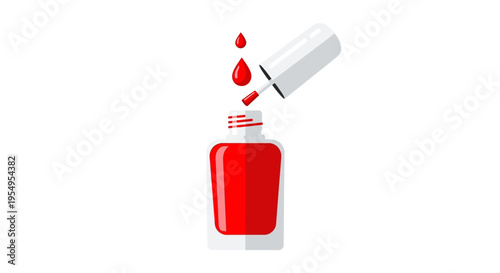 Open Red Nail Polish Bottle with Brush and Dripping Drops, Manicure Beauty Product on Isolated White Background