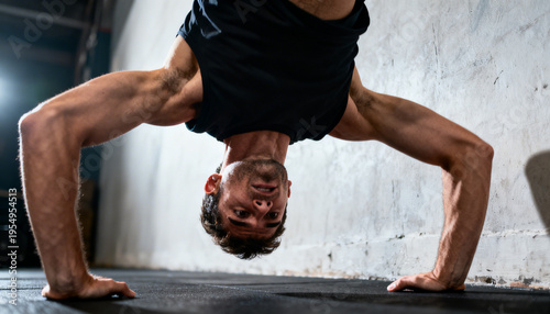 Performing man doing inverted handstand pushup on rubber mat by concrete wall, wearing black top