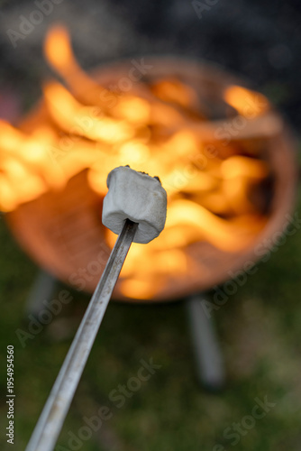 Vertical photo of roasting marshmallow over campfire with flames in background, outdoor camping concept