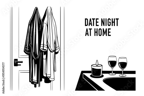 Romantic Bathroom Setup Robes Candle Date Night at Home Marriage Intimacy Black Vector Silhouette