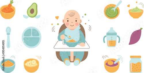 Baby Feeding and Healthy Food Vector Set with Puree Vegetables Fruits Spoon Plate and Toddler Eating Scene for Nutrition Illustration and Childcare Design.