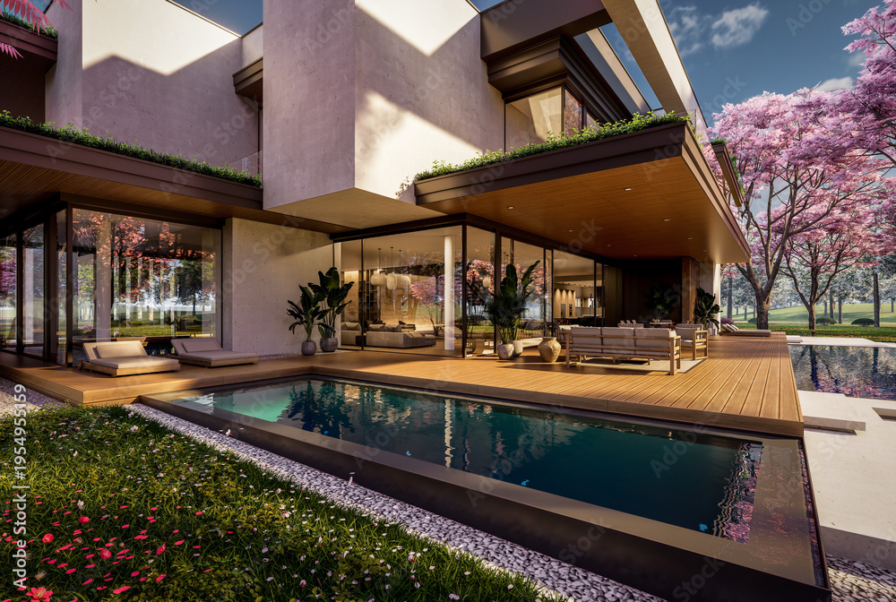 Fototapeta premium 3d rendering of two-story house with concrete facade in spring day