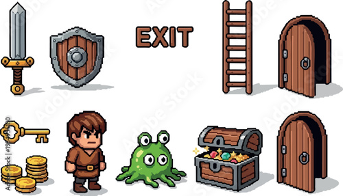 Pixel art game assets including sword, shield, key, coins, character, monster, chest, doors, and ladder for retro gaming