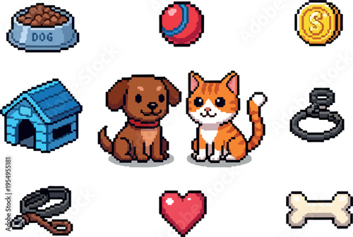 Pixel art icons representing pets and their accessories, including a dog, cat, food bowl, house, ball, leash, heart, and bone