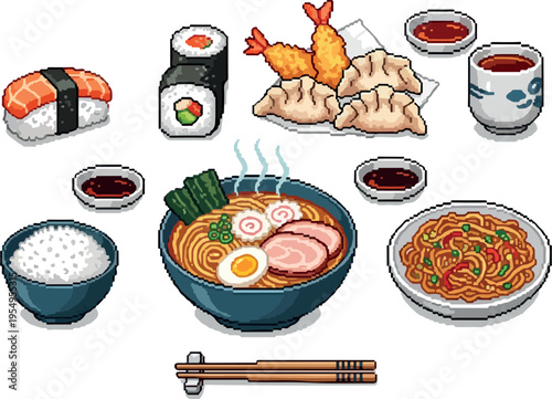 A vibrant pixel art collection of popular Japanese cuisine, including sushi, ramen, tempura, and dumplings, perfect for culinary themes
