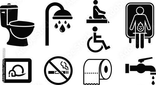 Public Restroom and Bathroom Facility Icon Set Featuring Toilet Shower Disabled Access No Smoking and Hygiene Symbols for Signage Vector Design