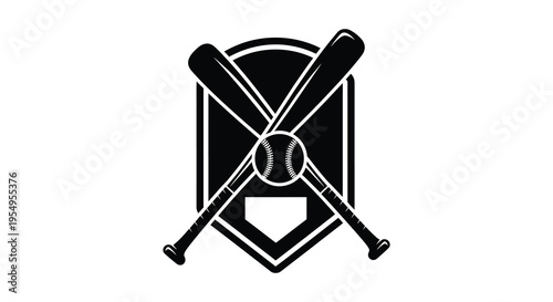 A black silhouette depicting crossed baseball bats and a ball behind a shield shaped backdrop silhouette high quality professional detailed modern elegant