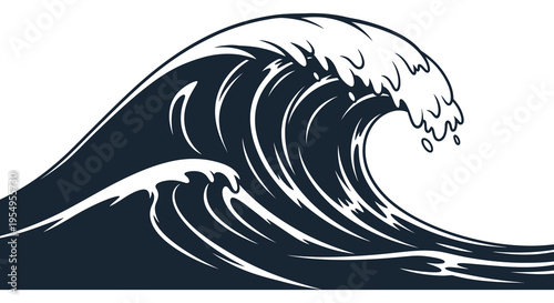 A powerful curling ocean wave depicted in a striking black and white graphic style forming a dynamic silhouette high quality professional