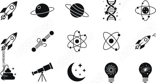 Science and Space Vector Icon Set with Rocket Ship Planets DNA Atom Telescope and Light Bulb Galaxy Isolated on White