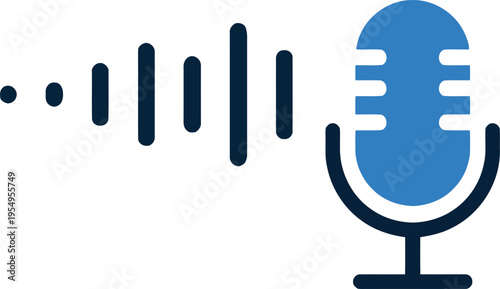 Blue microphone icon with sound waves on white background, audio concept