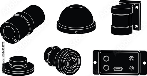 Security Camera and Sensor Equipment Icon Set Featuring Motion Detectors Dome Cameras Alarms and Electronic Monitoring Devices for Home Surveillance Vector