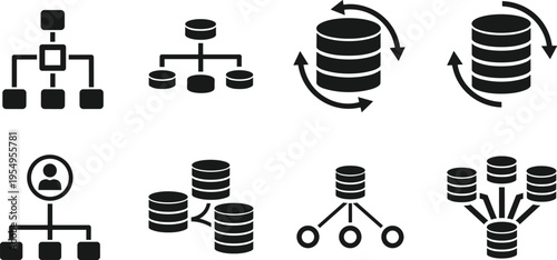 Set of database architecture icons featuring data center storage servers network hierarchy organizational structure cloud computing and information management systems vector
