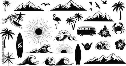 Set of summer beach and mountain adventure silhouettes including surfing waves palm trees tropical hibiscus flowers van and island vacation elements