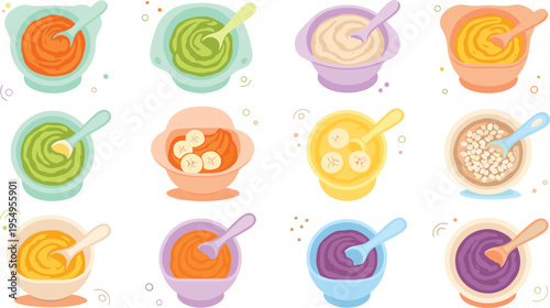 Baby Food Puree Bowls Vector Set with Various Flavors Fruits Vegetables and Feeding Portions for Infant Nutrition Illustration and Healthy Meal Design.